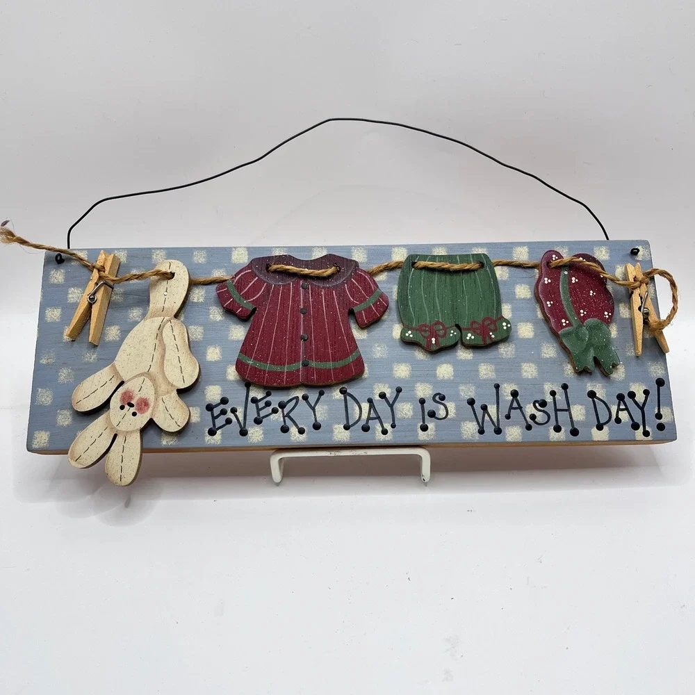 Vintage Every Day Is Wash Day Wooden Wall Plaque Laundry Room Decor Bunny Sign